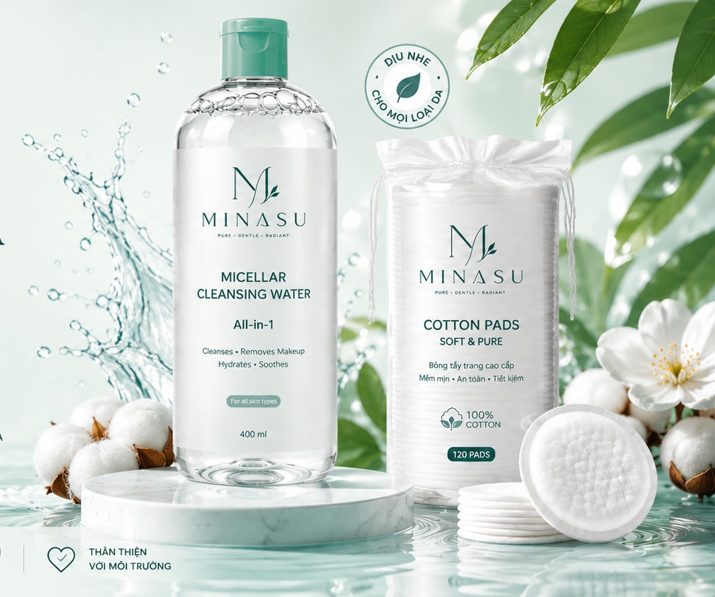 Nước tẩy trang và bông tẩy trang MINASU